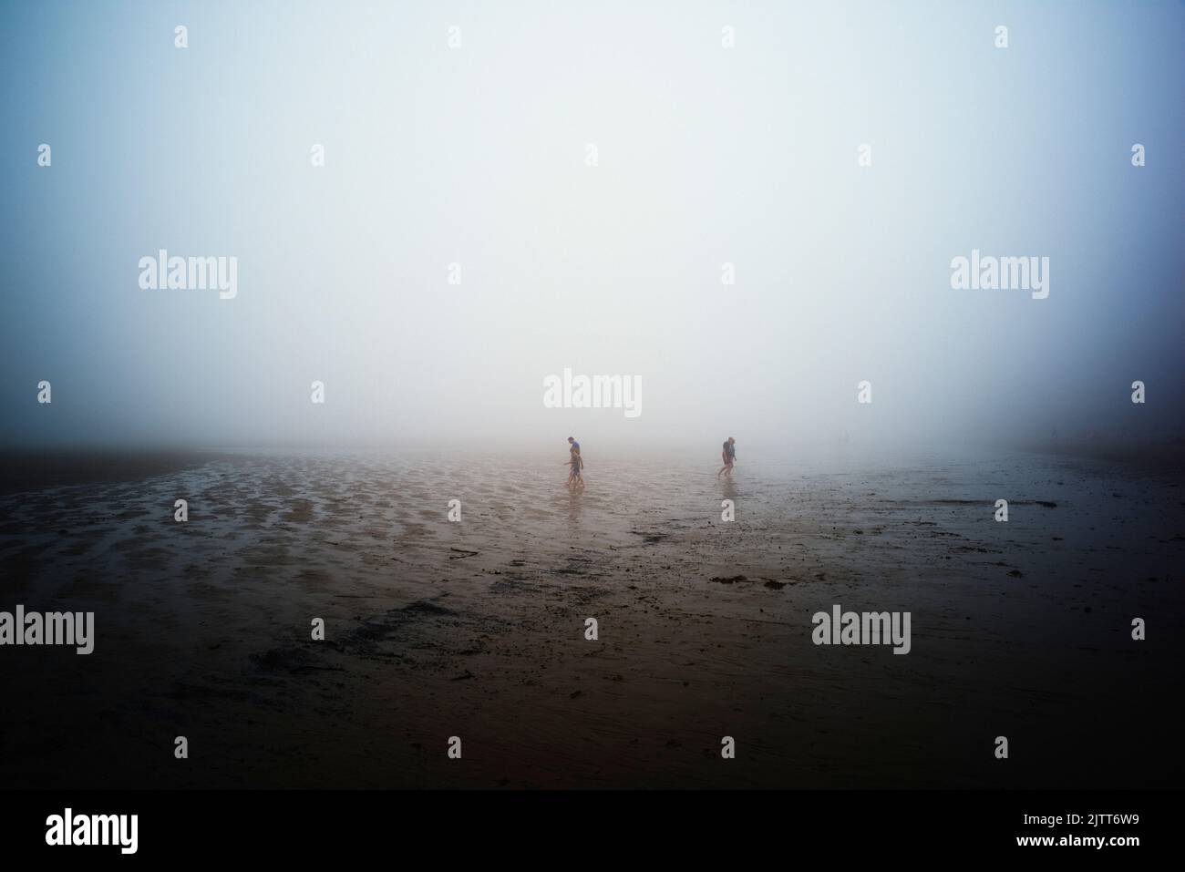 Brouillard de mer dense lors d'une journée d'été à la baie de Cayton dans le North Yorkshire avec des gens sur la plage à marée basse Banque D'Images