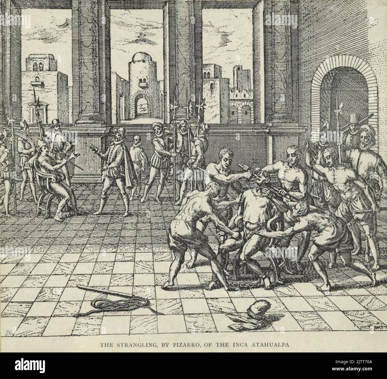 L'exécution par strangulation avec une garotte du dernier roi Inca Atahualpa par le conquistador espagnol Francisco Pizarro en 1533, gravure par Theodor de Bry Banque D'Images