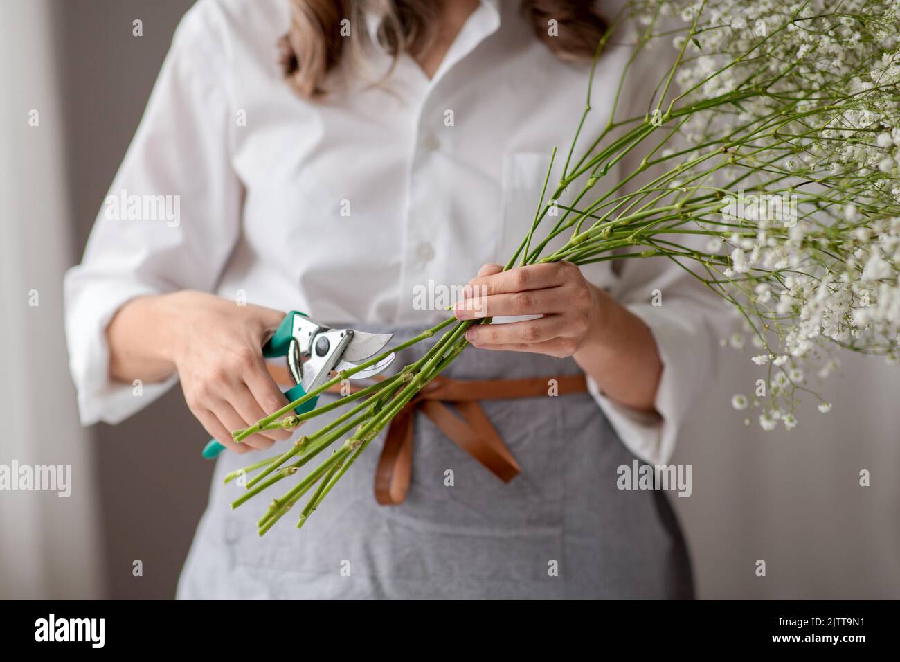 femme coupant tige de fleur avec sécateur Banque D'Images