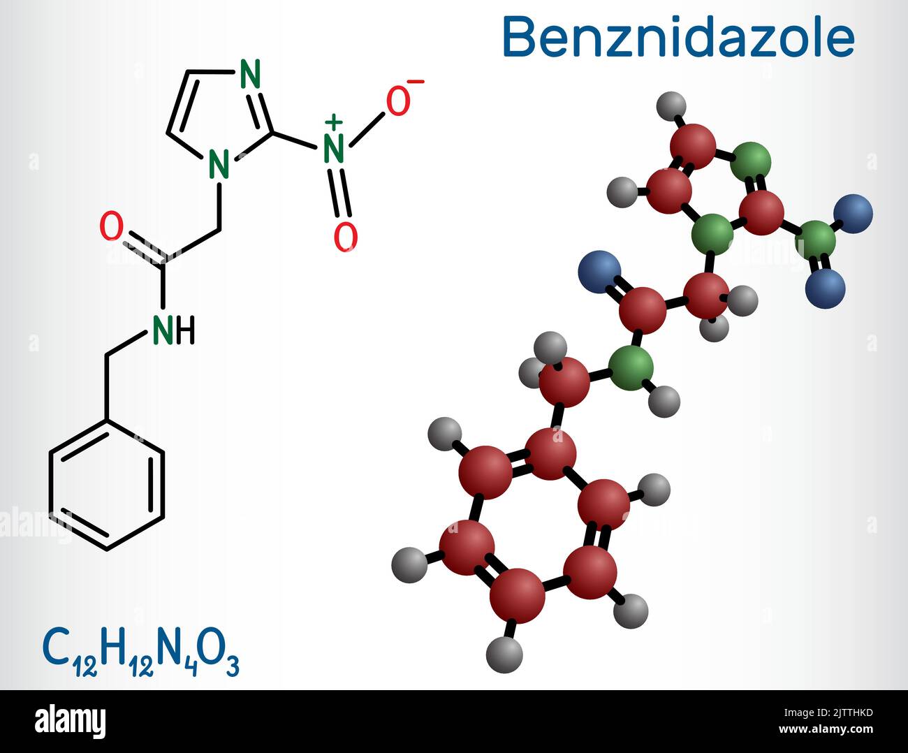 Molécule de benznidazole. Il s'agit d'un médicament antiparasite utilisé dans le traitement de la maladie de Chagas. Formule chimique structurelle, modèle moléculaire. Vecteur illustrat Illustration de Vecteur