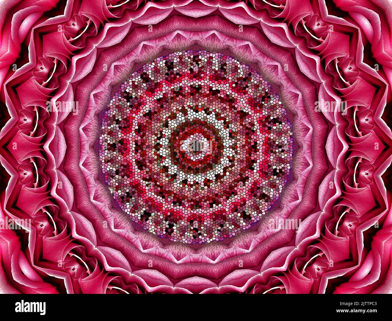 Kaléidoscope graphique géométrique et concentrique avec un centre en mosaïque. Banque D'Images