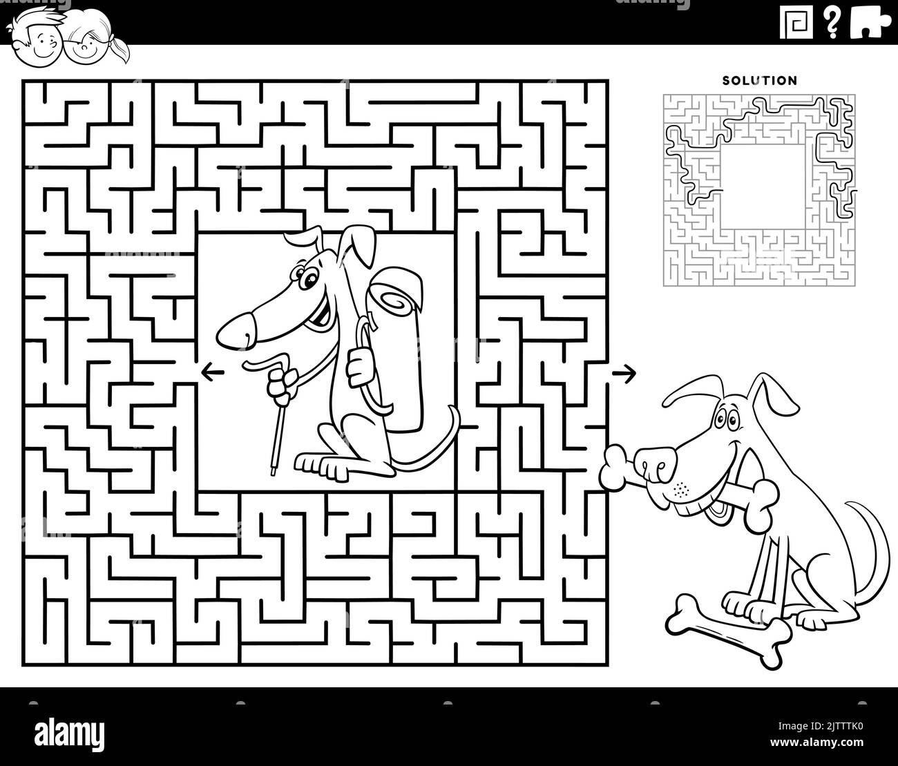 Dessin animé noir et blanc illustration du jeu éducatif de puzzle de labyrinthe pour les enfants avec chien de randonneur et son ami avec chien OS coloriage page Illustration de Vecteur