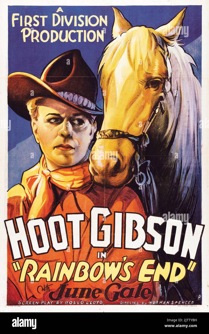 Affiche de film vintage - Western - Rainbow's End (première division production, 1935). Edmund 'Hoot' Gibson et June Gale Banque D'Images