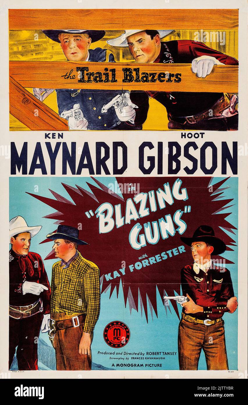 Affiche de film vintage - Western - Ken Maynard et Hoot Gibson en armes à feu - The Trail Blazers. 1943. Banque D'Images