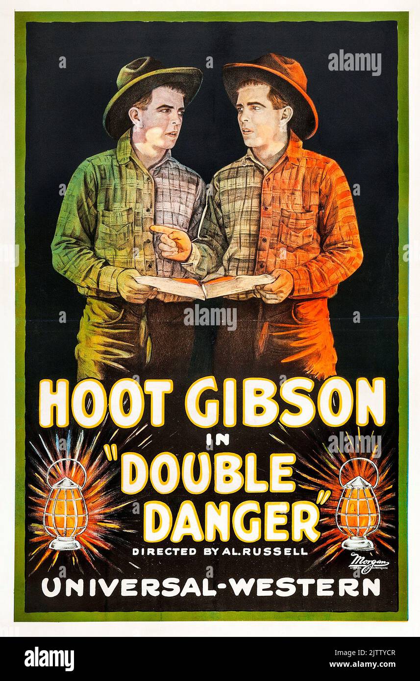 Affiche de film vintage - Western - Double danger est un court-métrage Western de 1920 réalisé par Albert Russell et mettant en vedette Hoot Gibson Banque D'Images