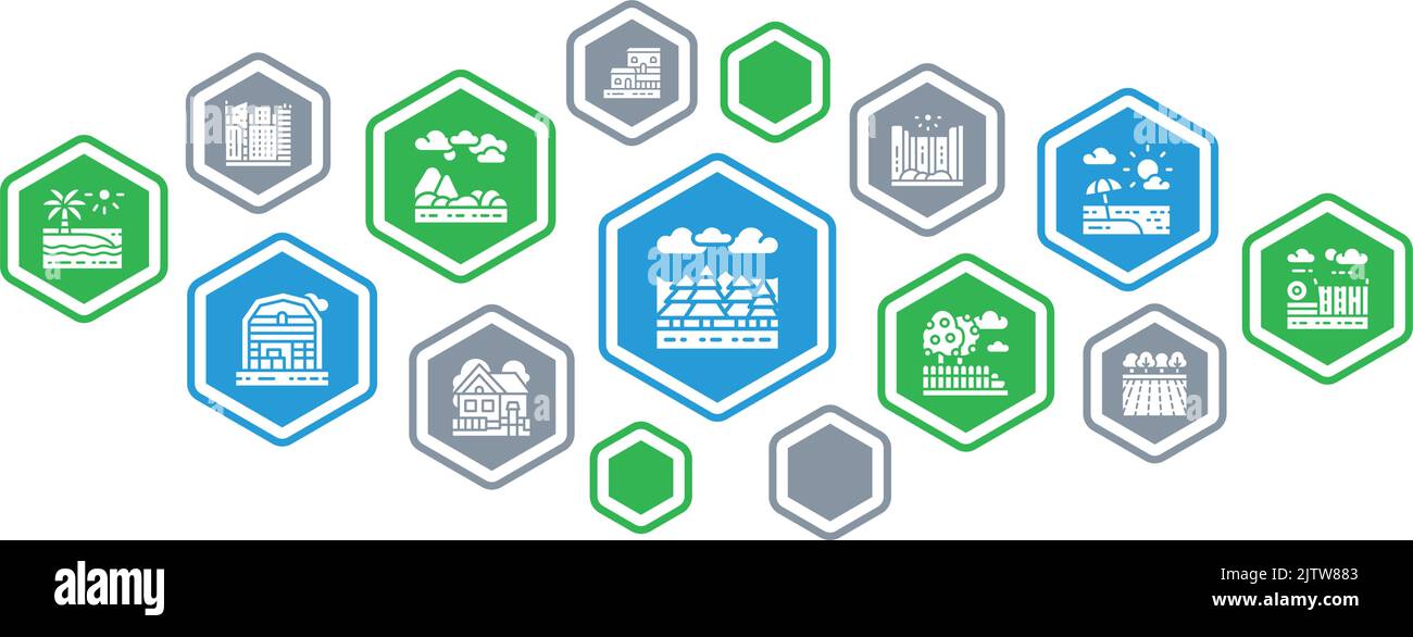 Concept de bannière paysage. Pont, forêt, jardin, volcan, bannière du moulin illustration vectorielle plate. Illustration de Vecteur