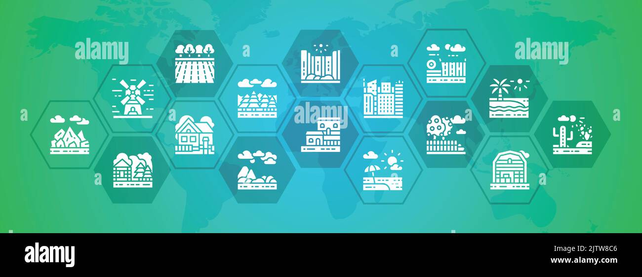 Bannière d'icônes de paysage. Bridge, Forest, Garden, Volcano, Windmill illustration vectorielle. Illustration de Vecteur