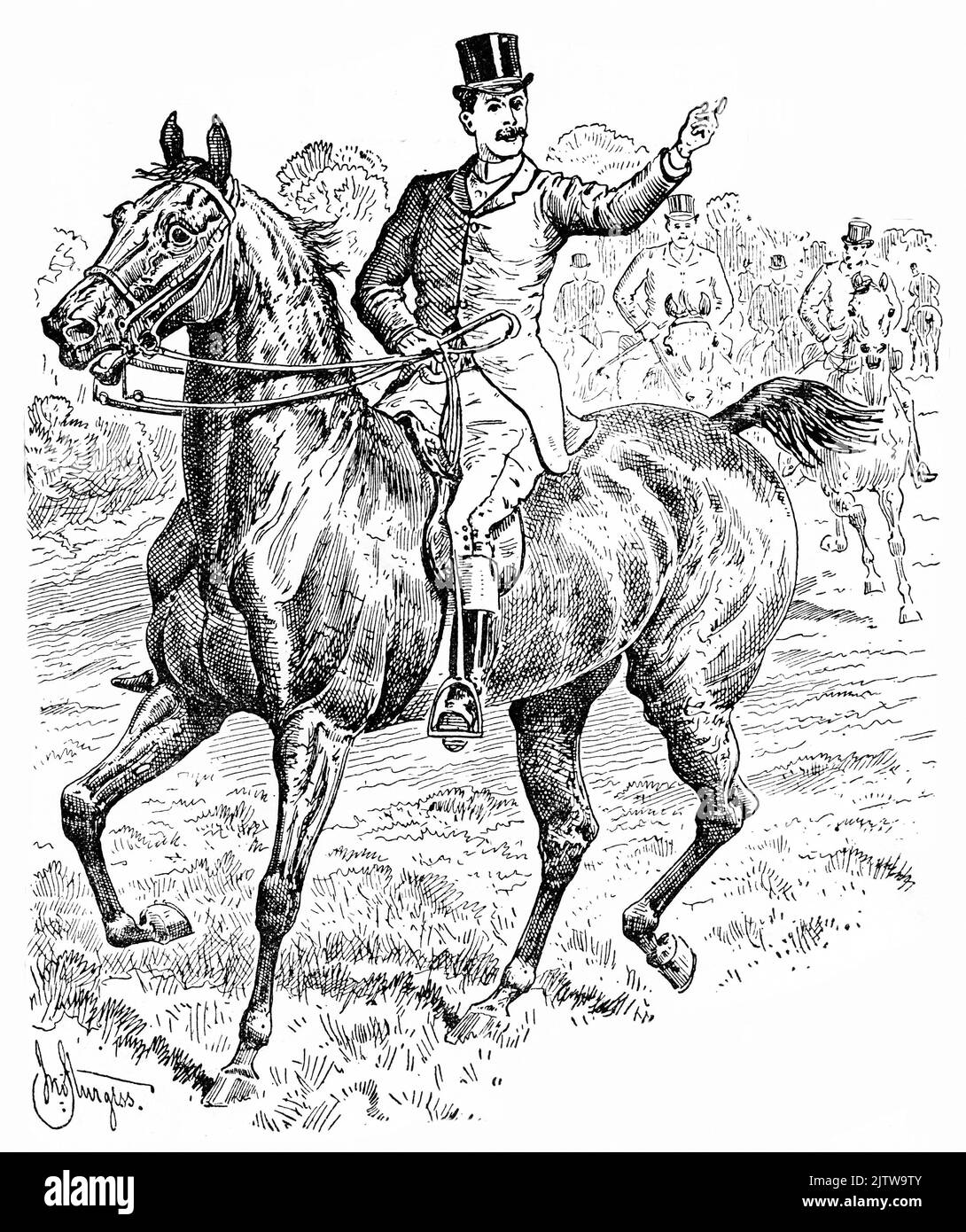 Gravure d'un homme bien habillé à cheval, d'une publicité dans un journal anglais, 1896 Banque D'Images