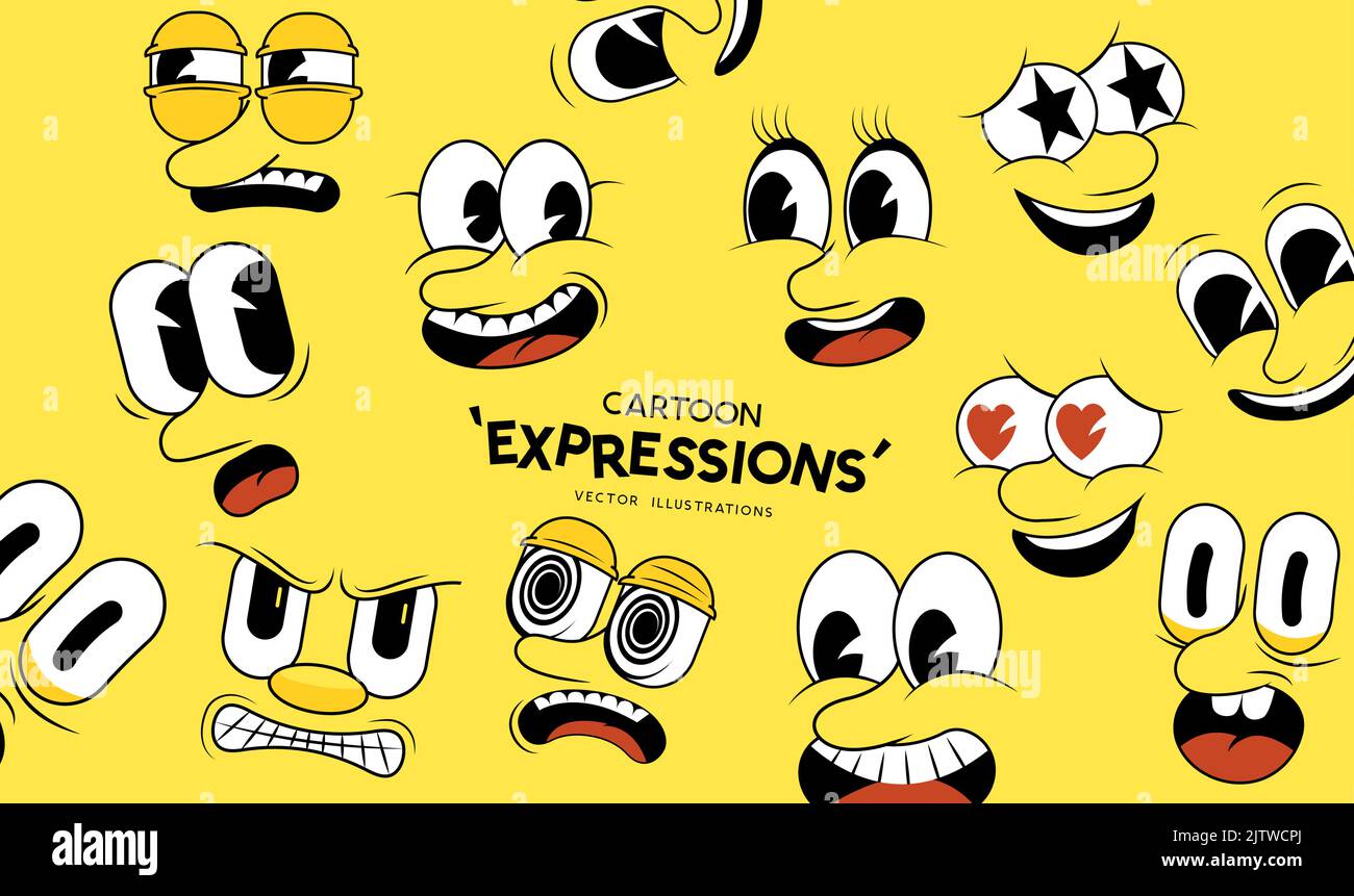 Personnages de dessin animé de style vintage et expressions d'émotion, illustration vectorielle. Illustration de Vecteur