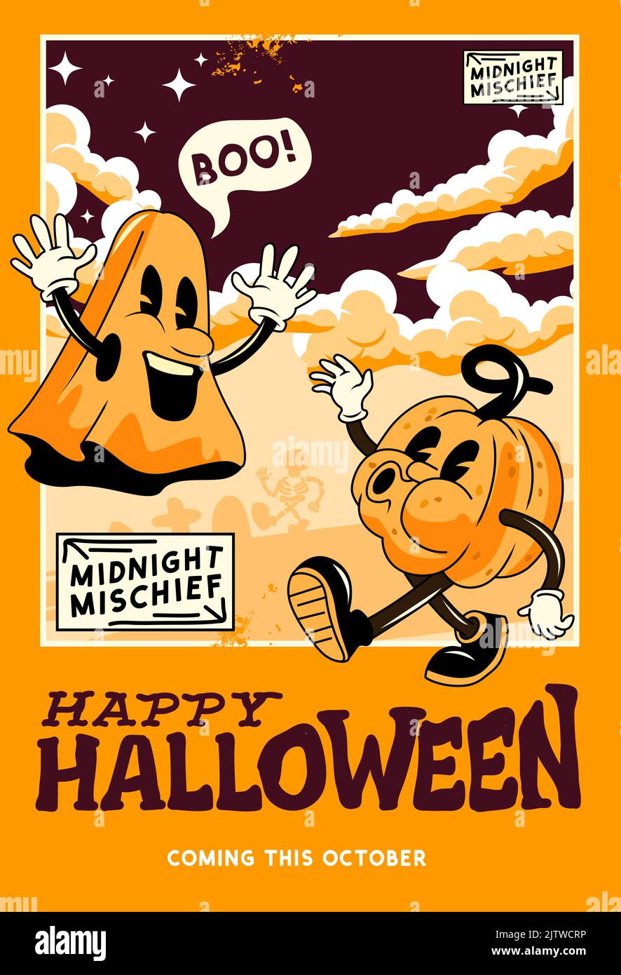 Une décoration vintage halloween mise en page de la fête avec des fantômes de bande dessinée et des citrouilles. Illustration de Vecteur