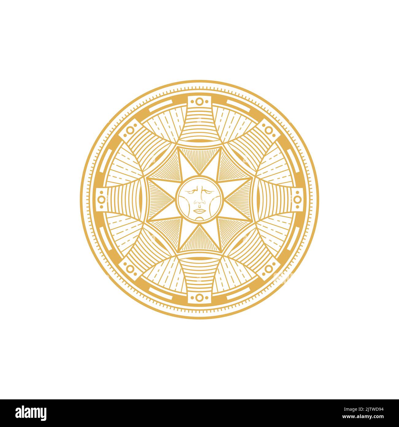 Religion ésotérique et astrologie signe mystique avec soleil, ornement rituel et étoile sacrée. Cercle d'or vectoriel avec étoile de pentagramme, occultisme tribal, rune Illustration de Vecteur