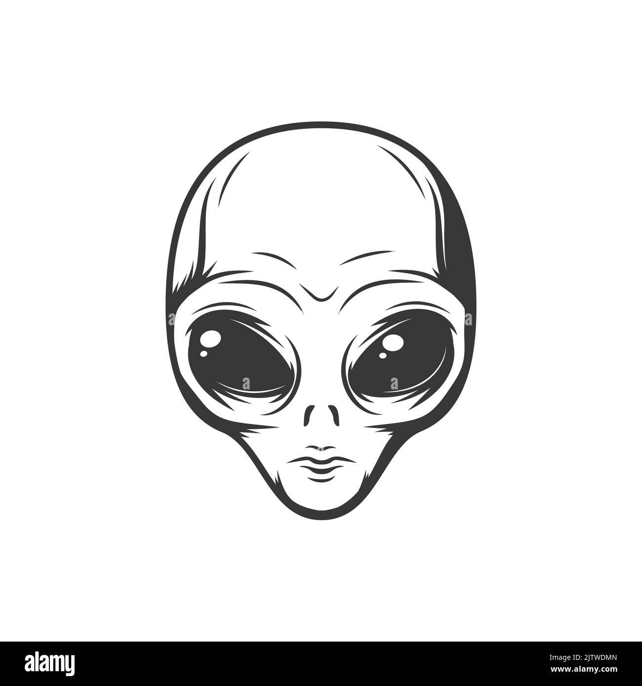 Face de l'extraterrestre extraterrestre extraterrestre isolé futuriste paranormal humanoïde icône monochrome. Vecteur personne de la vie hypothétique, caractère cosmique des civilisations. Créature de l'espace extérieur avec de grands yeux noirs Illustration de Vecteur
