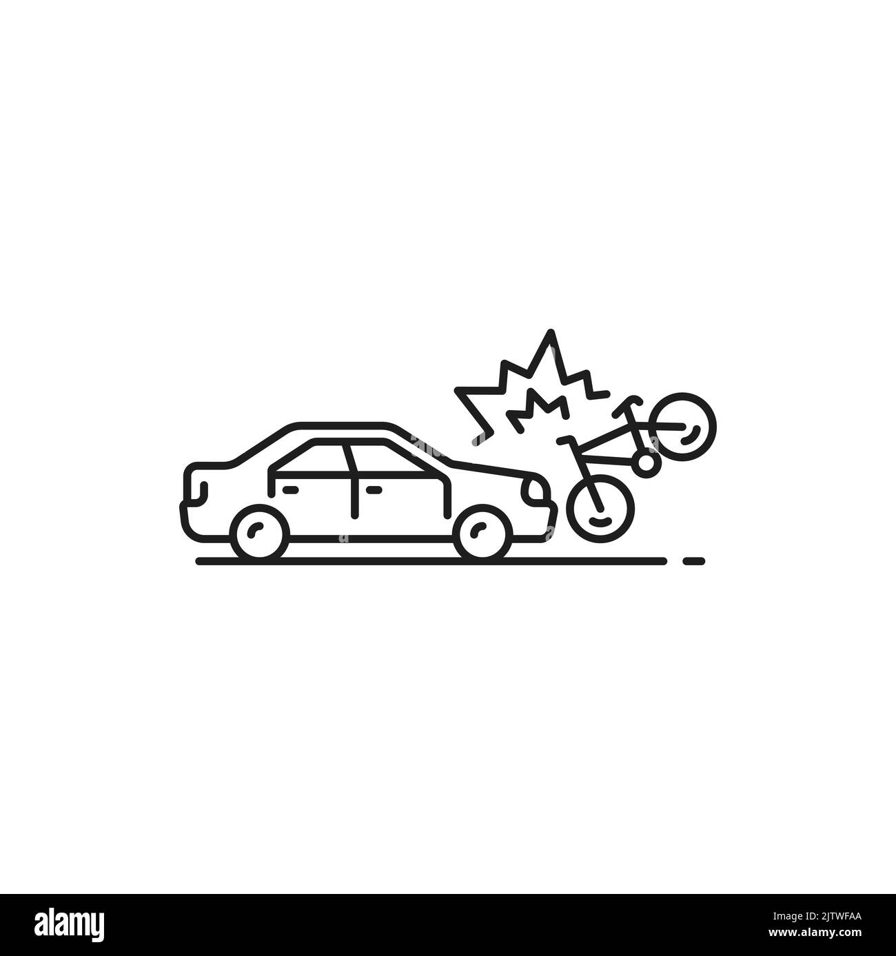 Icône de ligne mince en cas d'accident, de dommages ou d'accident. Pictogramme simple de collision de voiture, symbole de ligne mince de sécurité de conduite de véhicule ou panneau de dommages à l'automobile en cas d'accident de la route avec collision de voiture en vélo Illustration de Vecteur