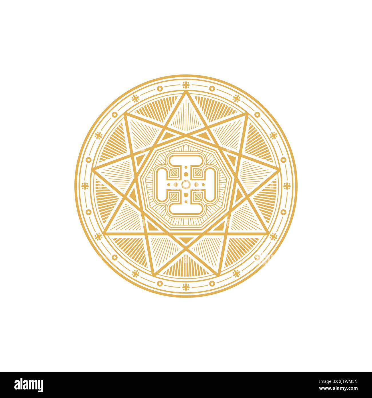 Symbole magique de l'alchimie et de la science occulte, religion ésotérique et astrologie signe mystique avec croix. Cercle d'or vectoriel avec triangles, étoile de pentagramme et ornement ankh. Occultisme tribal, rune et chakra Illustration de Vecteur