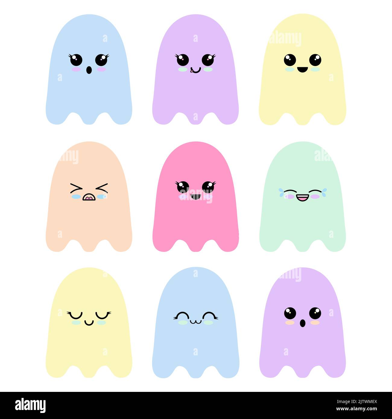 Adorables fantômes kawaii, couleurs pastel mignons et expressions sucrées amusantes, Halloween amusante Banque D'Images
