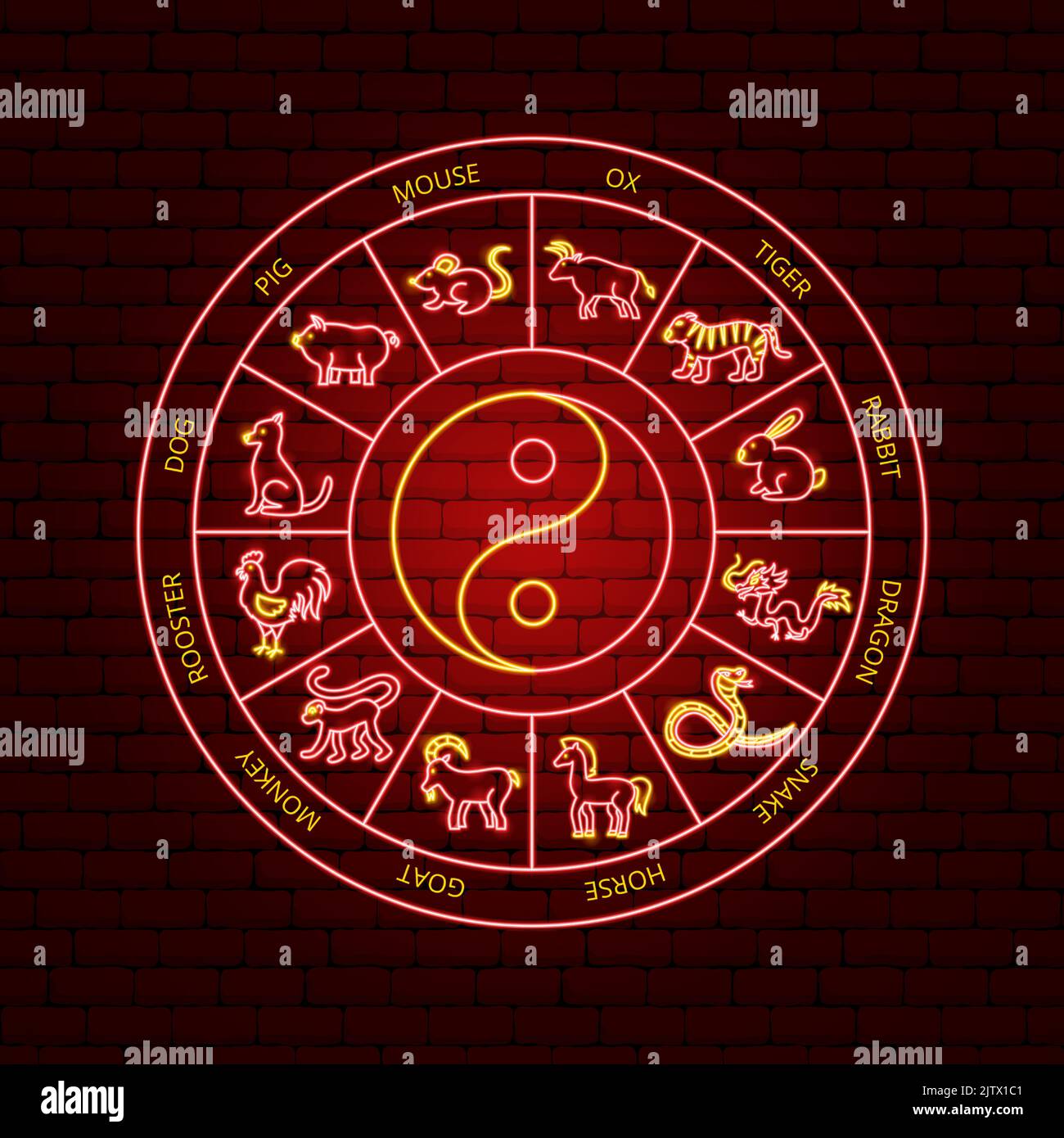 Zodiac chinois Neon Circle concept Illustration de Vecteur
