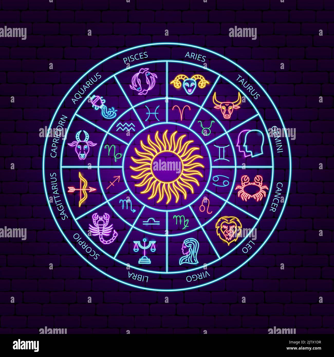 Horoscope Zodiac Neon cercle Illustration de Vecteur