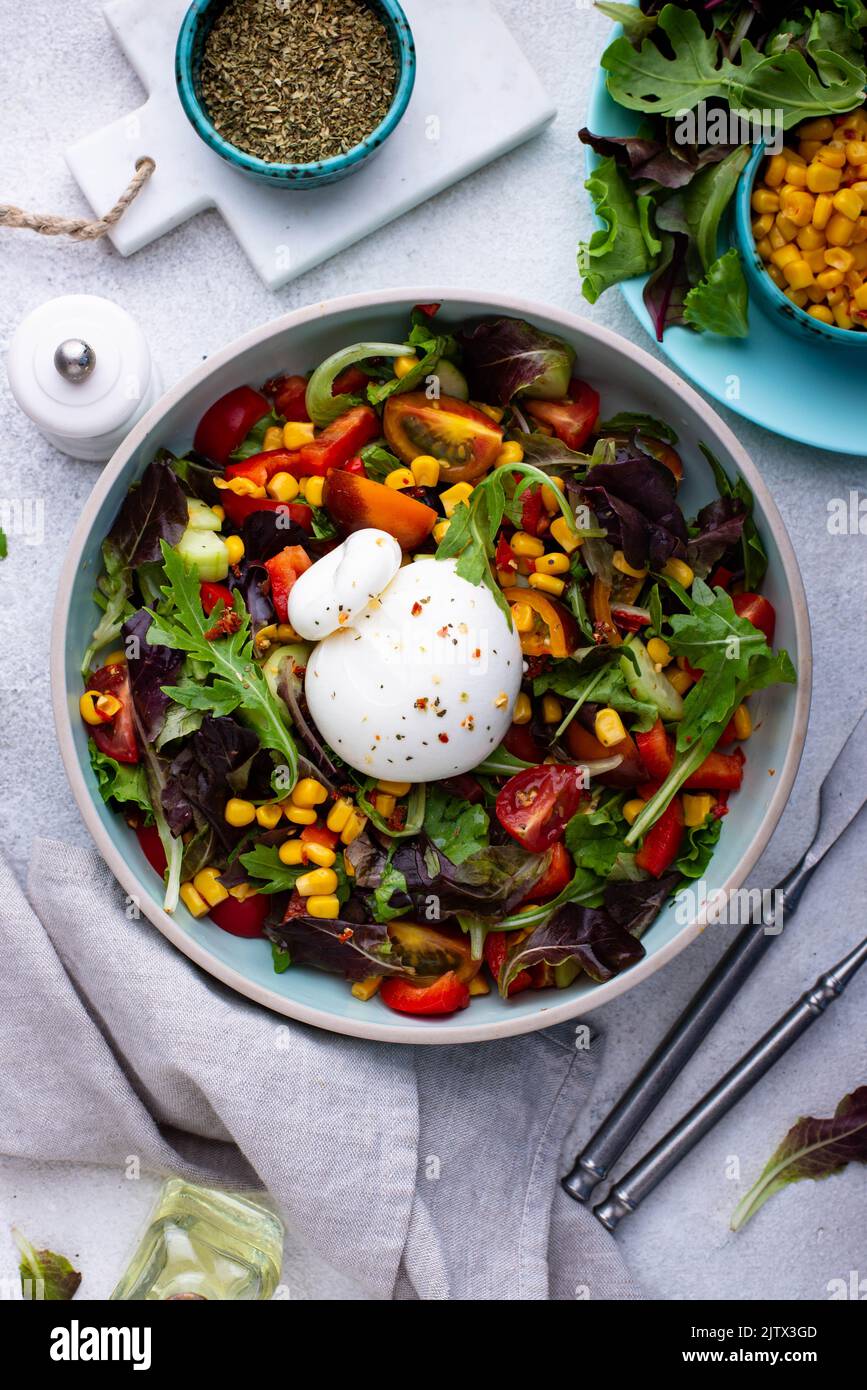 Fromage burrata avec salade de légumes Banque D'Images