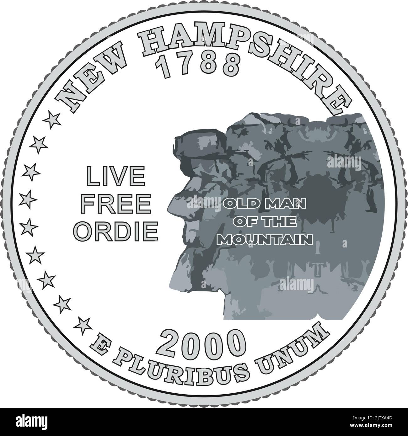 New Hampshire US Quarter Dollar coin, coin 25 US cents. États et territoires. Les côtés opposés et inversés de la commémoration de l'État du New Hampshire Illustration de Vecteur