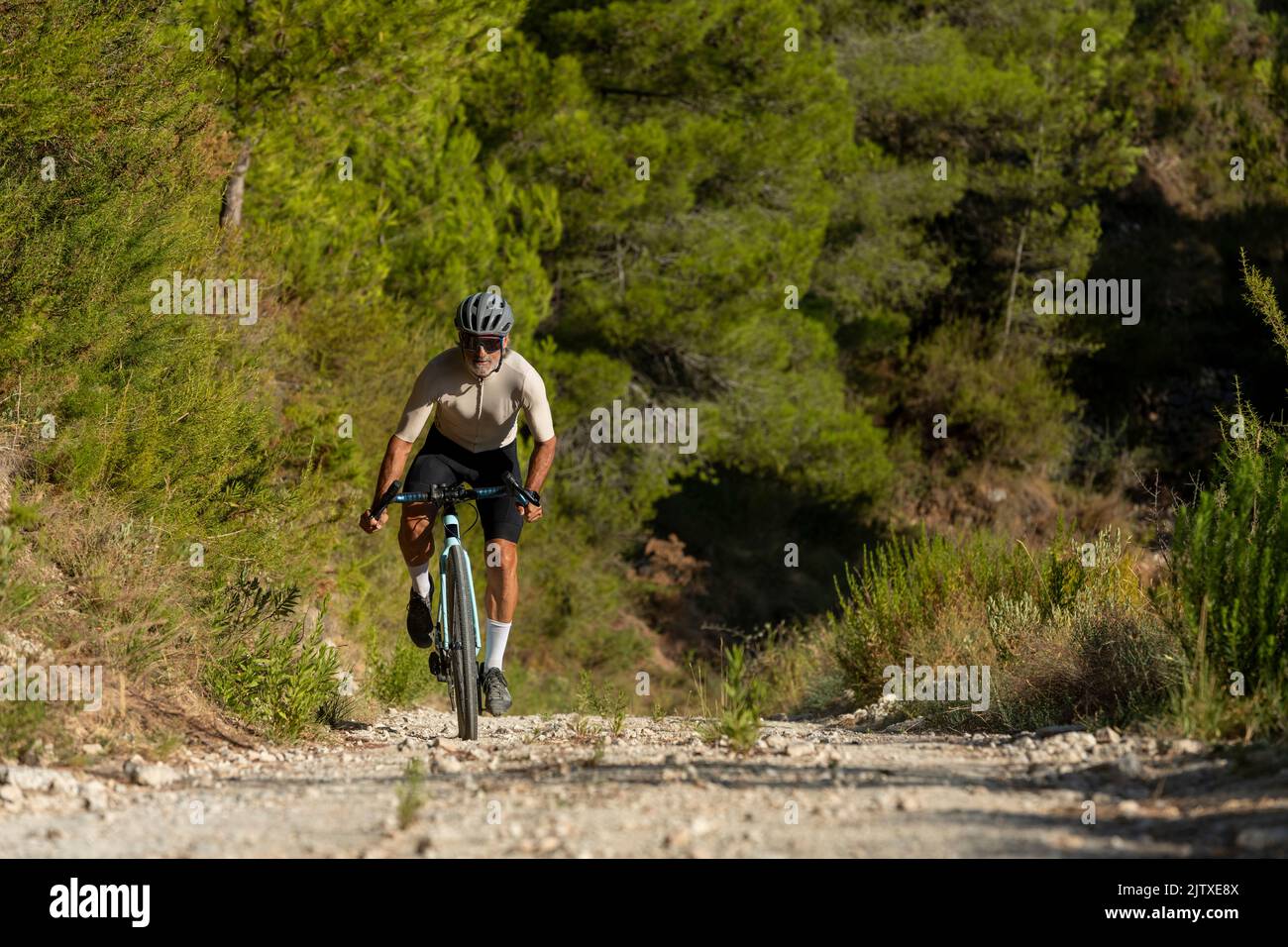 Cycliste dans une forêt méditerranéenne, promenade à vélo sur route de gravier à la Costa Blanca, Alicante, Espagne Banque D'Images