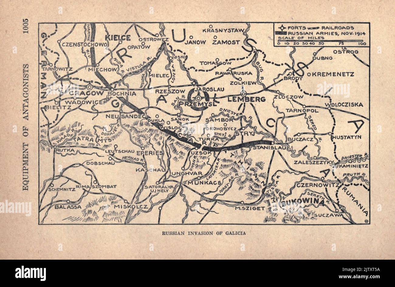 Carte de l'invasion russe de la Galice d'après le livre The Story of the Great War; The Complete Historical records of events to date DIPLOMATIQUES ET LES DOCUMENTS D'ÉTAT par Reynolds, Francis Joseph, 1867-1937; Churchill, Allen Leon; Miller, Francis Trevelyan, 1877-1959; Wood, Leonard, 1860-1927; Knight, Austin Melvin, 1854-1927; Palmer, Frederick, 1873-1958; Simonds, Frank Herbert, 1878-; Ruhl, Arthur Brown, 1876- publié en 1920 Banque D'Images