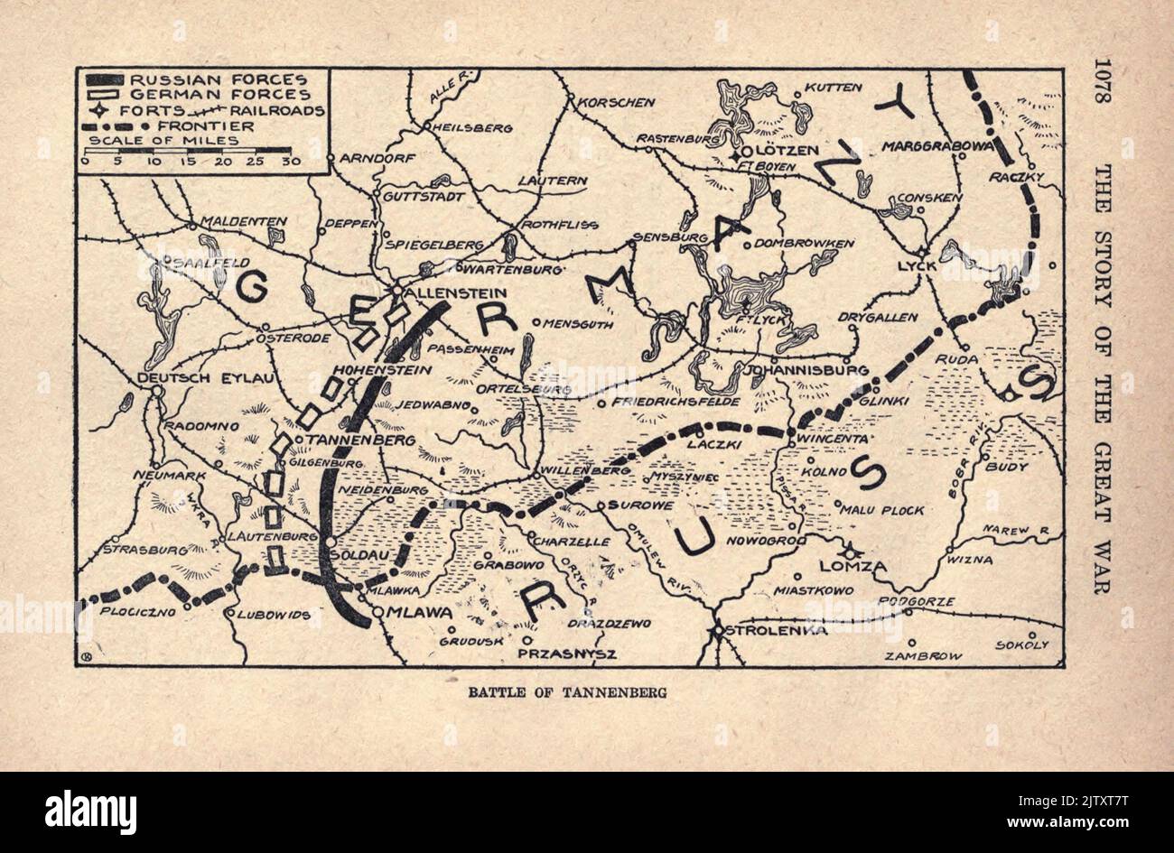 Carte de la BATAILLE DE TANNENBERG tiré du livre The Story of the Great War; The Complete history of events to date DIPLOMATIQUES ET STATE PAPERS by Reynolds, Francis Joseph, 1867-1937; Churchill, Allen Leon; Miller, Francis Trevelyan, 1877-1959; Wood, Leonard, 1860-1927; Knight, Austin Melvin, 1854-1927; Palmer, Frederick, 1873-1958; Simonds, Frank Herbert, 1878-; Ruhl, Arthur Brown, 1876- publié en 1920 Banque D'Images