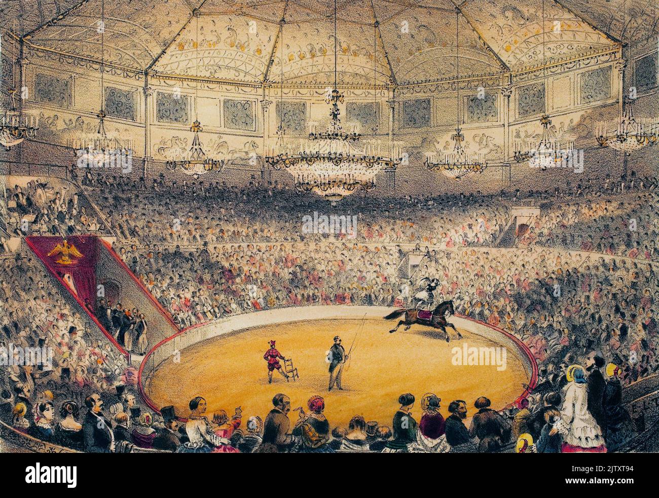 Cirque Napoléon (actuel cirque d'hiver, rue Amelot, Paris). Lithographie aquarellee, illustration de la Tramblais, dans "Album, souvenirs de Paris", Paris, 1885. Banque D'Images