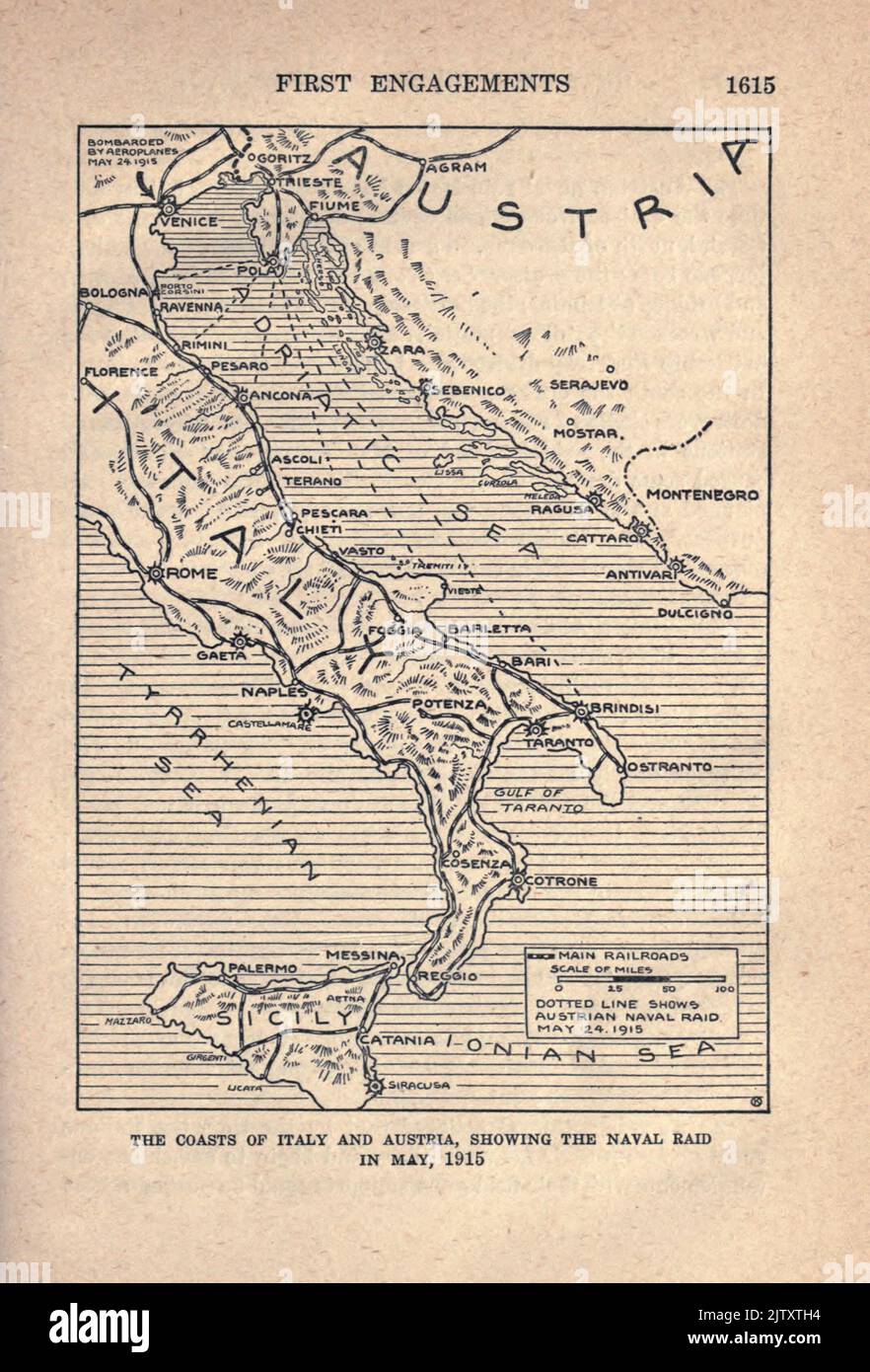 CÔTES DE L'ITALIE ET DE L'AUTRICHE, MONTRANT LE RAID NAVAL EN MAI, 1915 d'après le livre The Story of the Great War; The Complete history of events to date DIPLOMATIQUES ET LES JOURNAUX D'ÉTAT par Reynolds, Francis Joseph, 1867-1937; Churchill, Allen Leon; Miller, Francis Trevelyan, 1877-1959; Wood, Leonard, 1860-1927; Knight, Austin Melvin, 1854-1927; Palmer, Frederick, 1873-1958; Simonds, Frank Herbert, 1878-; Ruhl, Arthur Brown, 1876- publié en 1920 Banque D'Images