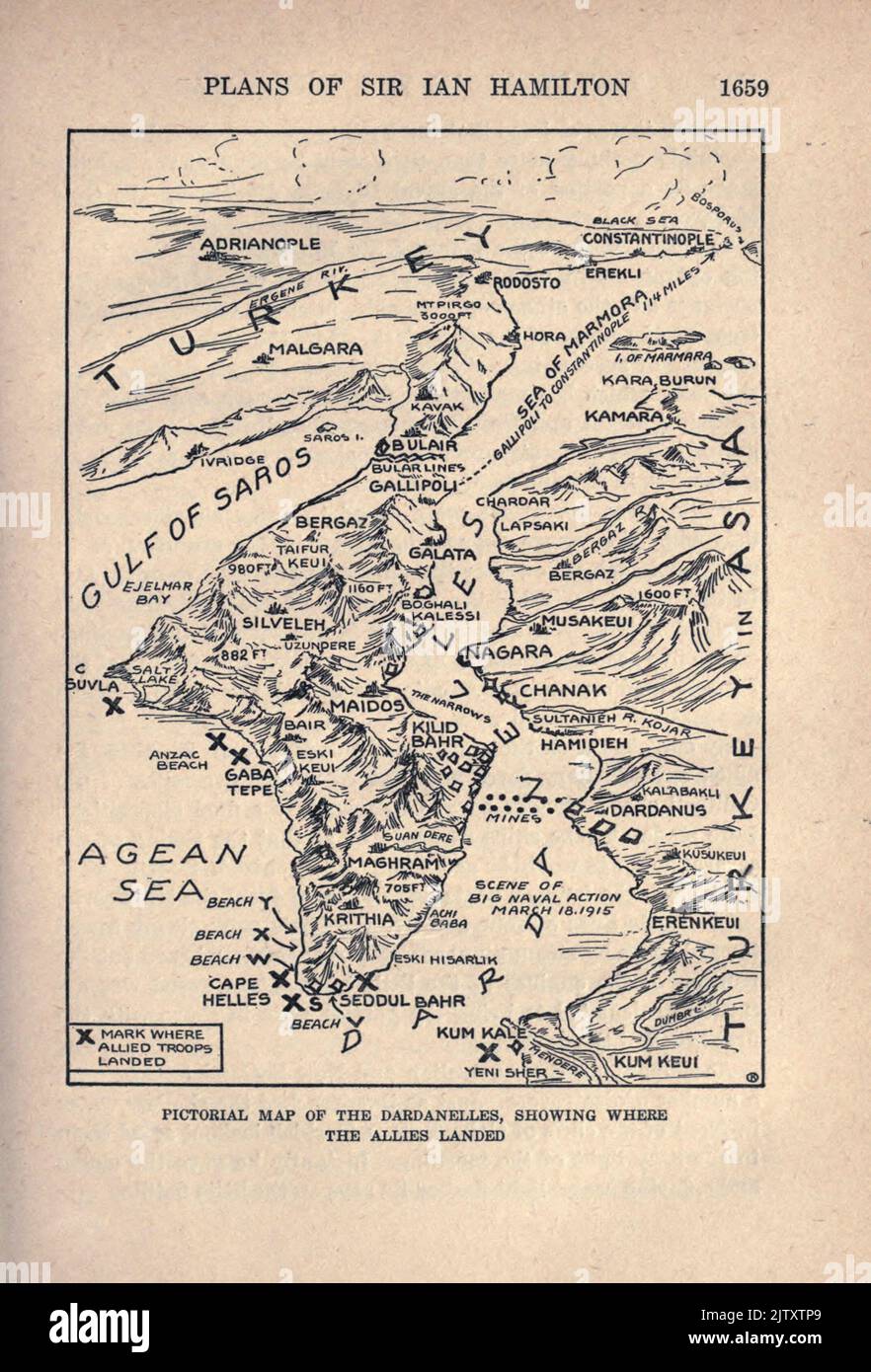 CARTE PICTURALE DES DARDANELLES, MONTRANT OÙ LES ALLIÉS ONT DÉBARQUÉ du livre The Story of the Great War; The Complete Historical records of events to date DIPLOMATIQUES ET STATE PAPERS by Reynolds, Francis Joseph, 1867-1937; Churchill, Allen Leon; Miller, Francis Trevelyan, 1877-1959; Wood, Leonard, 1860-1927; Knight, Austin Melvin, 1854-1927; Palmer, Frederick, 1873-1958; Simonds, Frank Herbert, 1878-; Ruhl, Arthur Brown, 1876- publié en 1920 Banque D'Images
