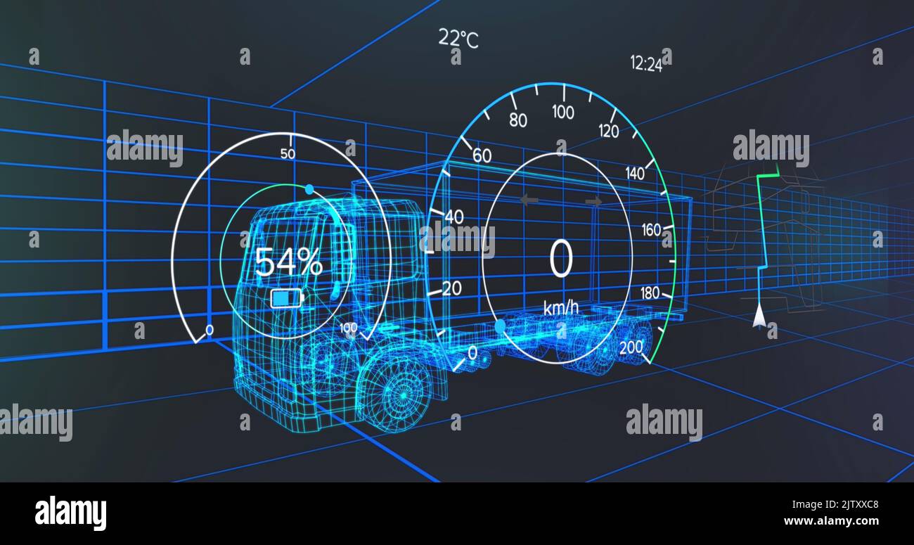 Illustration du panneau de voiture sur un camion numérique sur fond noir Banque D'Images