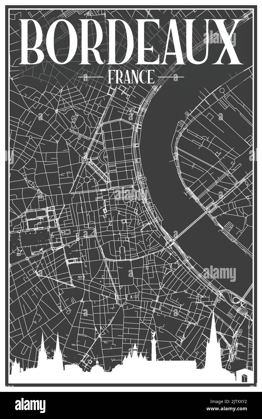 Affiche de ville sombre avec vue panoramique sur la ville et rues dessinées à la main sur fond gris foncé du centre DE BORDEAUX, EN FRANCE Illustration de Vecteur