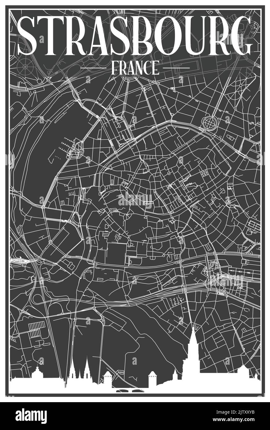 Impression sombre affiche de la ville avec vue panoramique et rues dessinées à la main sur fond gris foncé du centre-ville DE STRASBOURG, FRANCE Illustration de Vecteur