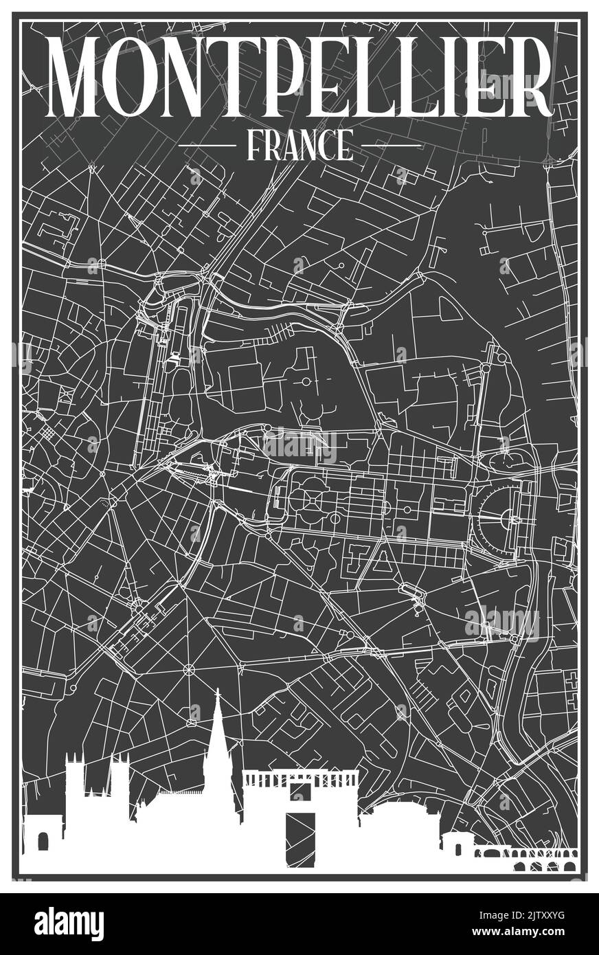 Impression sombre affiche de la ville avec vue panoramique et rues dessinées à la main sur fond gris foncé du centre DE MONTPELLIER, FRANCE Illustration de Vecteur