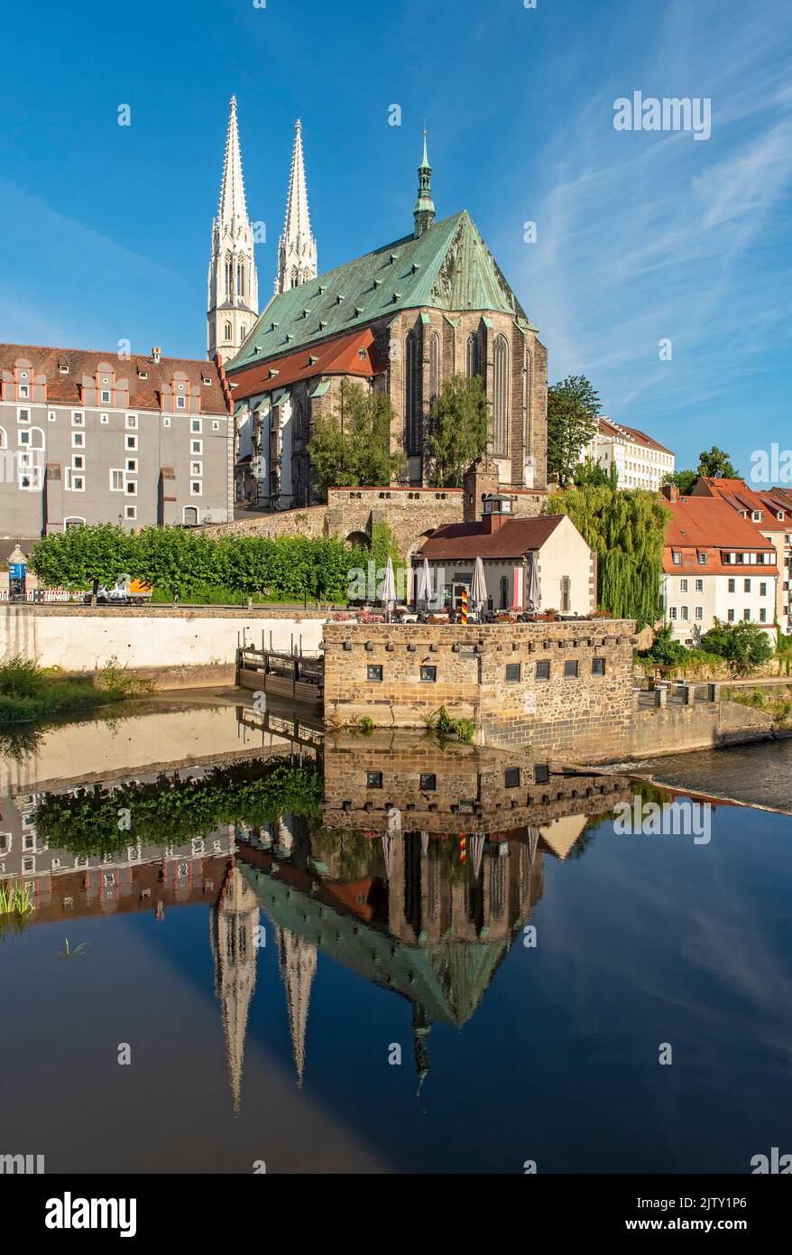 Église Saint-Pierre-et-Paul (Peterskirche), Maison de la Woad (Waidhaus) et rivière Lusatien Neisse, Görlitz (Goerlitz), Allemagne Banque D'Images