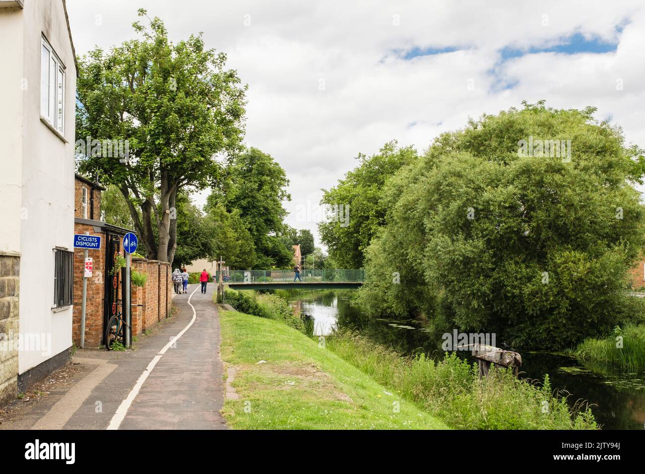 Piste cyclable et sentier de promenade le long de la rivière Welland, en bordure de la ville, en été. Spalding, Lincolnshire, Angleterre, Royaume-Uni, Grande-Bretagne Banque D'Images