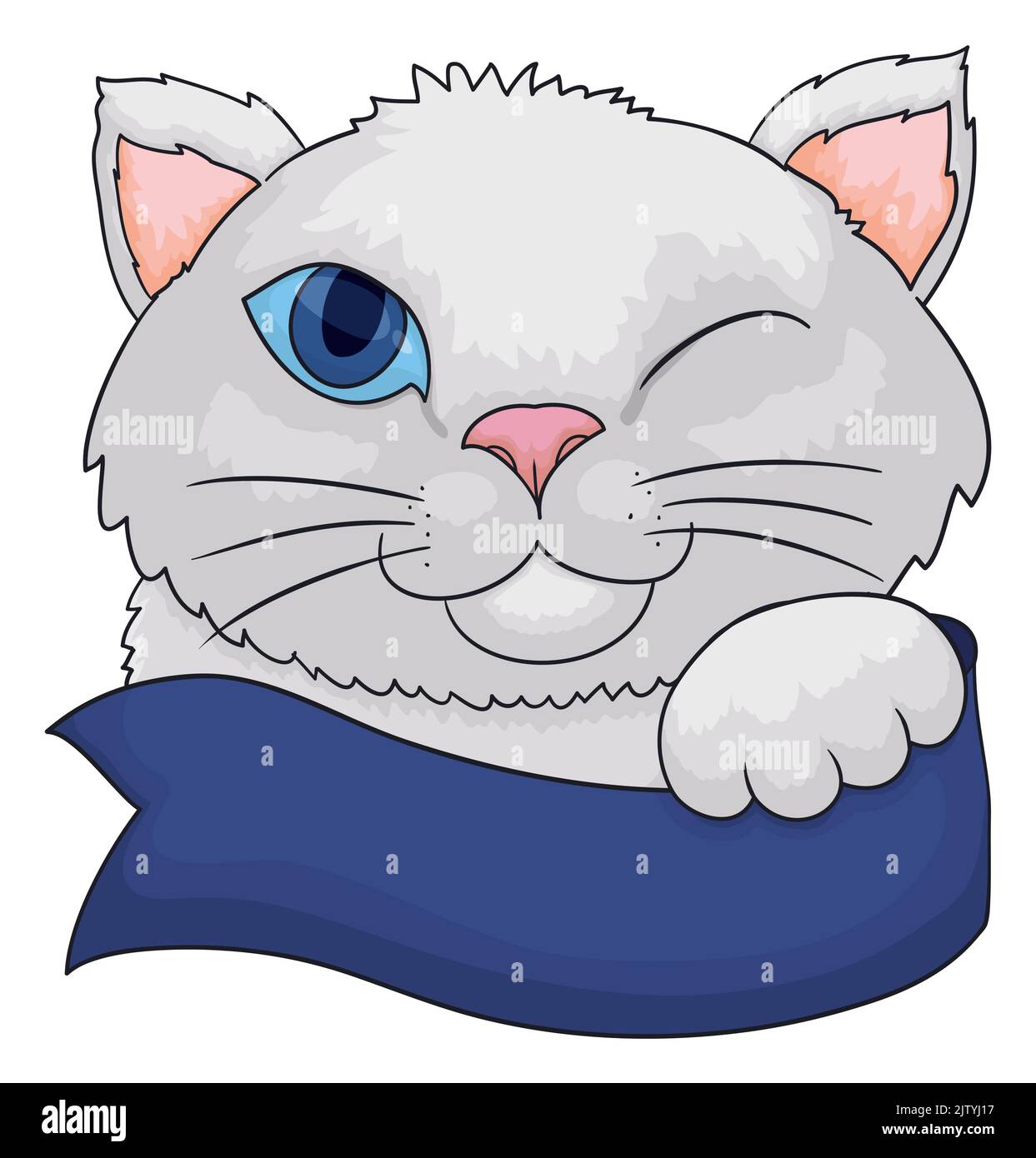 Portrait d'un chat mignon de fourrure blanche et des yeux bleus, en vous entortillant avec la patte sur le ruban vide. Illustration de Vecteur