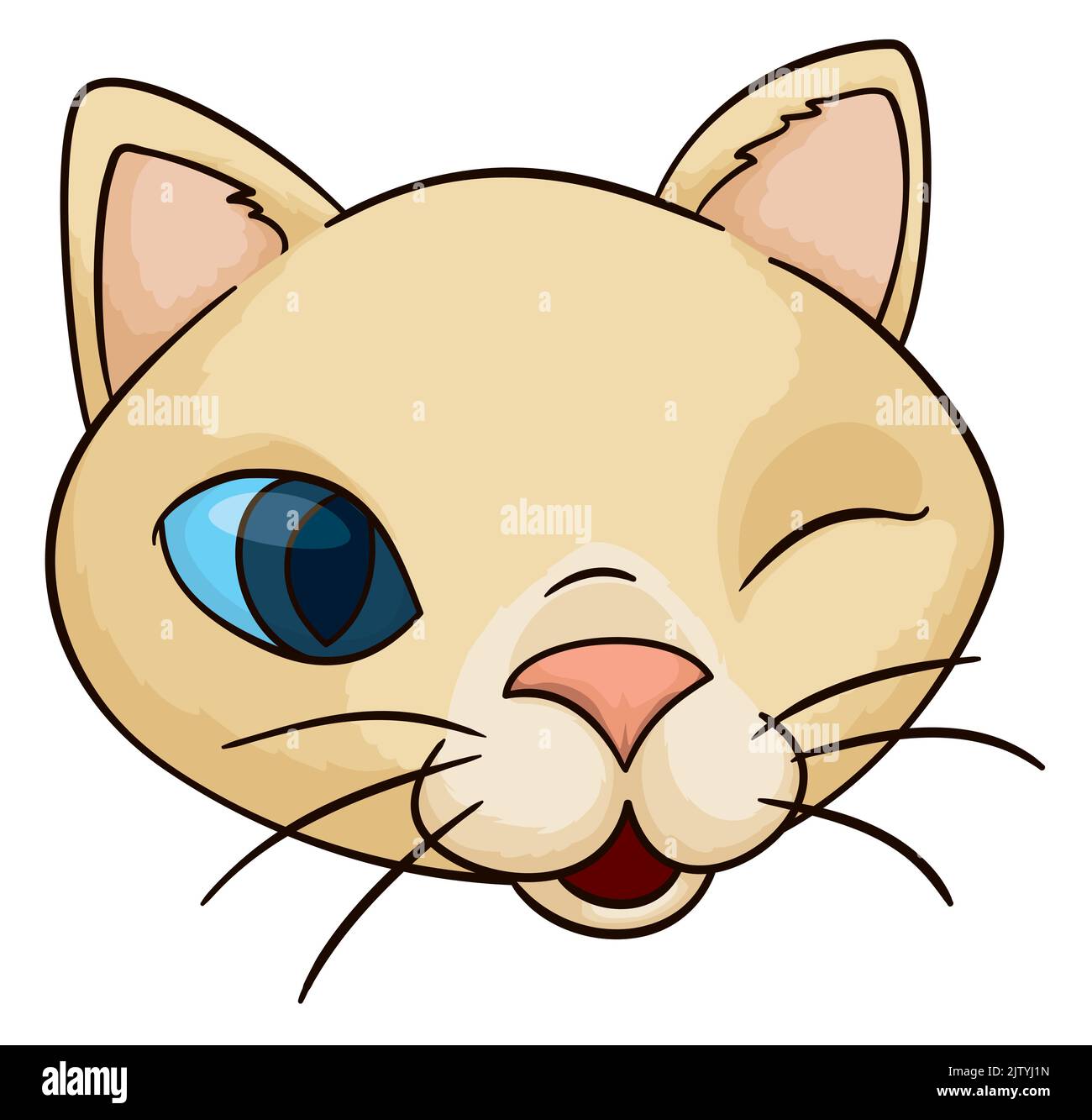Joli visage de chat à oeil bleu avec une fourrure crème qui se fait encroiser sur vous, isolé dans un style de dessin animé. Illustration de Vecteur