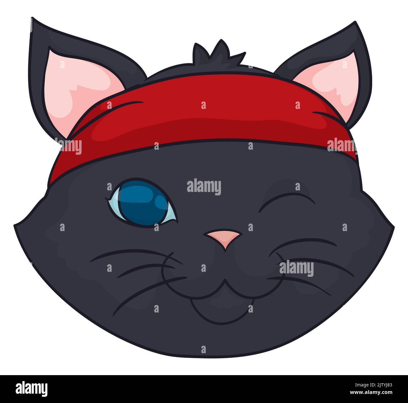 Visage de chat noir avec les yeux bleus qui se cliquent sur vous et portent un bandana rouge. Illustration de Vecteur
