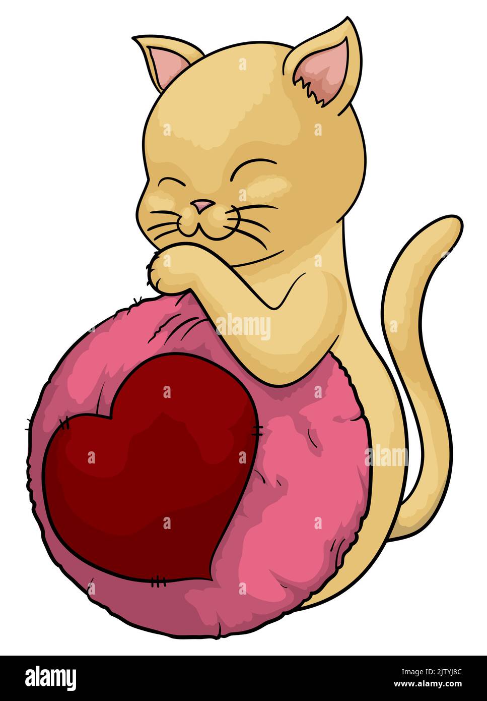 Chat actif jouant avec une grosse boule de laine rose décorée de forme de coeur. Illustration de Vecteur