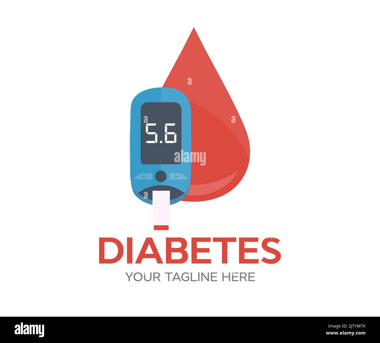 Diabète, test de glucose et logo de sucre de sang. Glucomètre, pilules, production d'insuline. Appareil de mesure du glucose diabétique avec bordure. Illustration de Vecteur