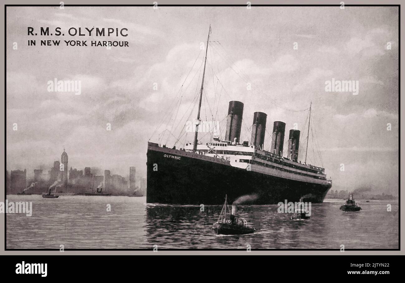 RMS Olympic (navire jumeau à RMS Titanic) dans le port de New York c1910 publicité de carte postale promotionnelle et communication de courrier passager. Banque D'Images