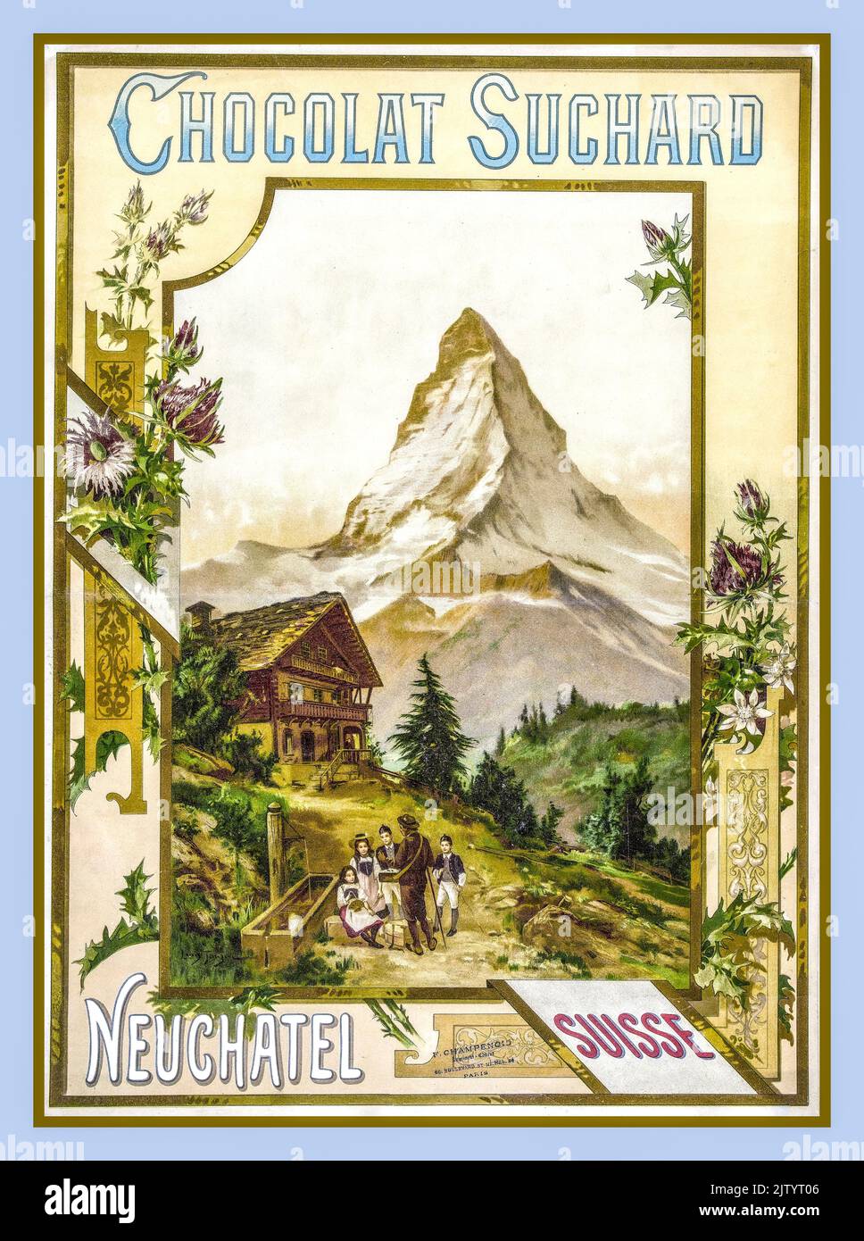 SUCHARD Vintage Swiss Chocolat Chocolate 1900s affiche publicitaire pour SUCHARD Neuchâtel Suisse Alpes suisses Matterhorn affiche publicitaire pour la compagnie chocolat Suchard, avec le Cervin en arrière plan de l'artiste Louis Tauzin vers 1900 Banque D'Images