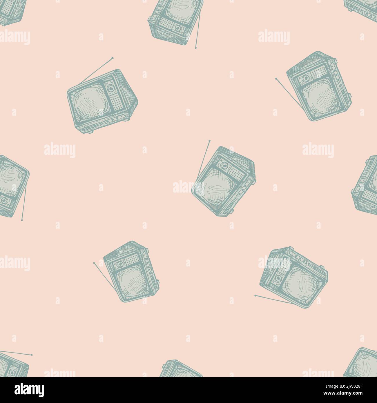 Motif rétro gravé sans couture. Téléviseur d'époque avec antenne dessinée à la main. Texture d'esquisse pour tissu, papier peint, textile, imprimé, titre, Illustration de Vecteur