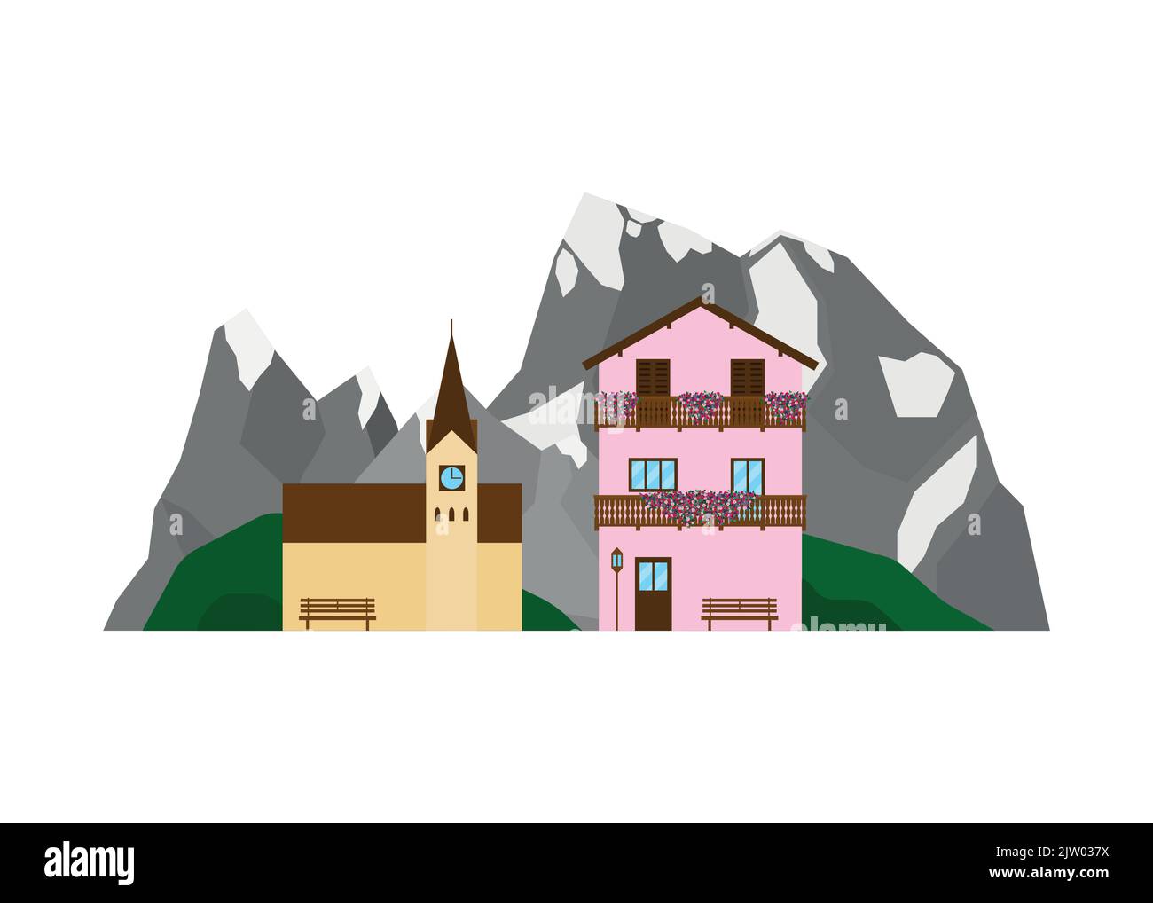 Maison privée ou chalet et église sur le paysage avec les montagnes alpines, collines vertes dans le style plat isolé sur fond blanc. Illustration de Vecteur
