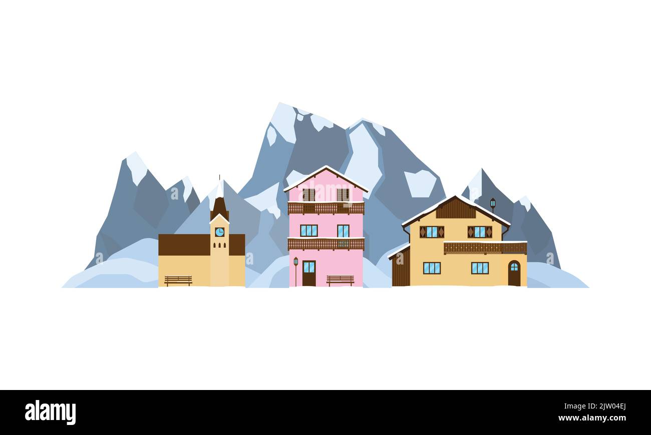 Maisons privées ou chalets et église sur le paysage avec des montagnes alpines enneigées, collines dans le style plat isolé sur fond blanc. Illustration de Vecteur
