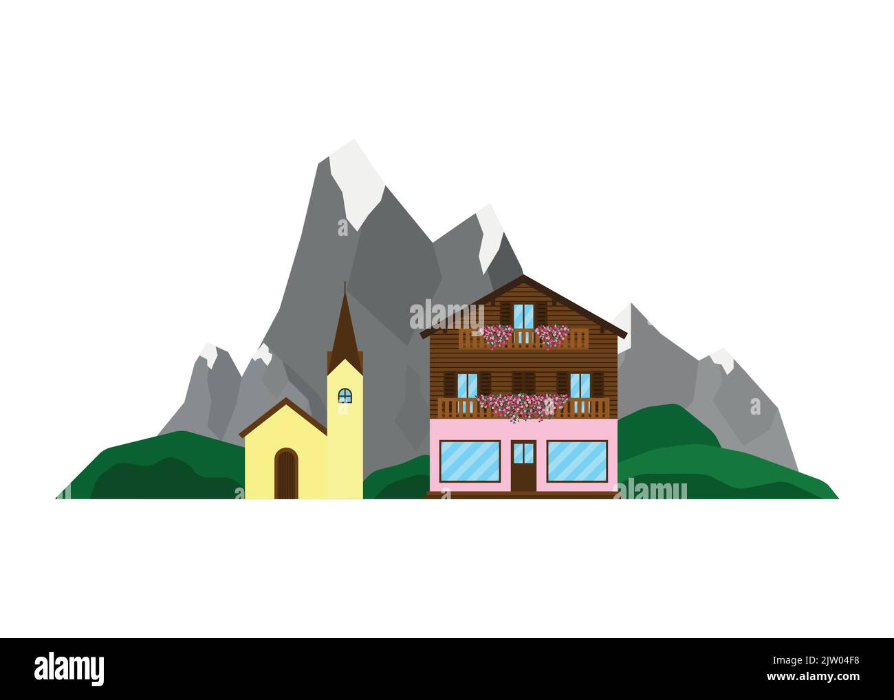 Boutique ou chalet et église sur le paysage avec les montagnes alpines, collines vertes dans le style plat isolé sur fond blanc. Illustration de Vecteur