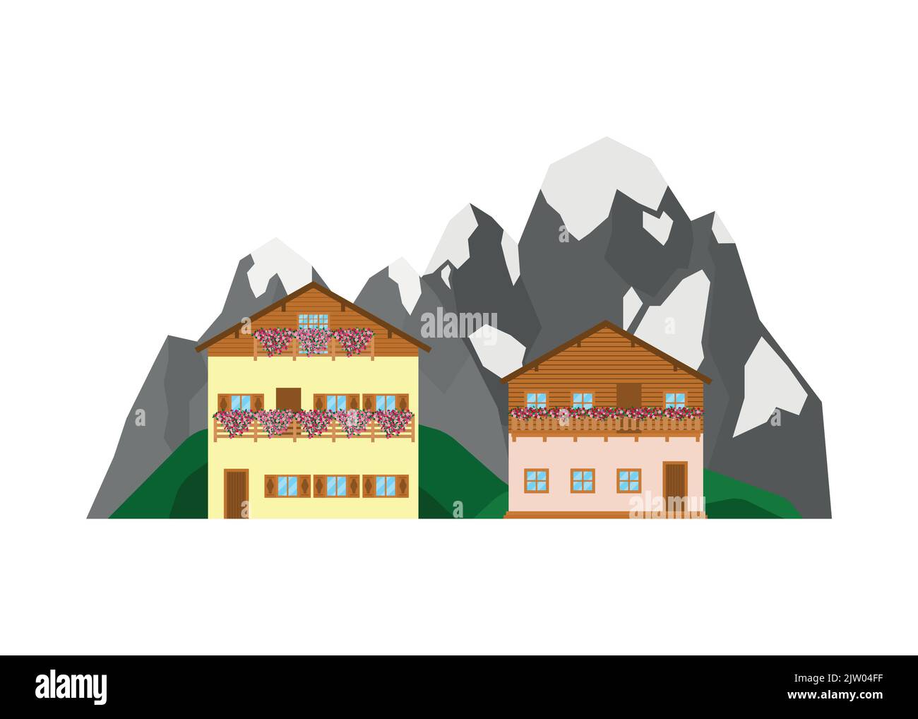 Maisons privées ou chalets sur le paysage avec des montagnes alpines et des collines verdoyantes dans un style plat isolé sur fond blanc. Illustration de Vecteur