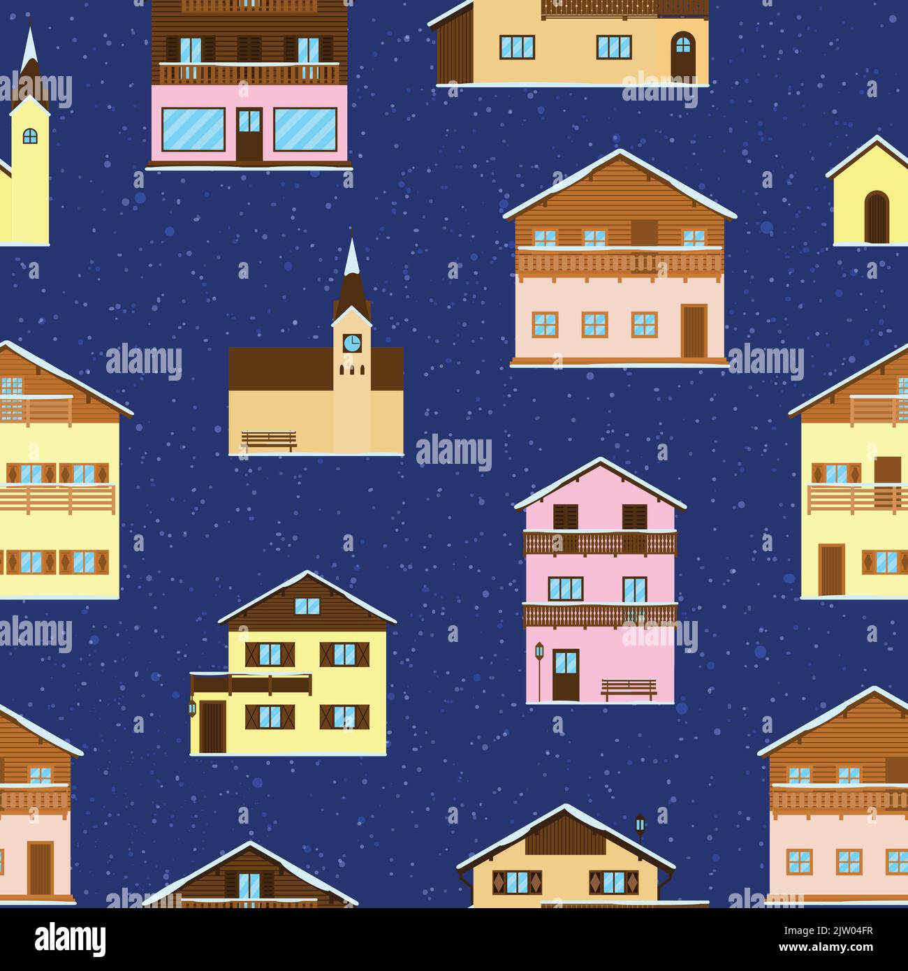 Motif sans couture avec maisons, chalets, hôtels et églises en bois alpin d'hiver dans un style plat. Illustration de Vecteur