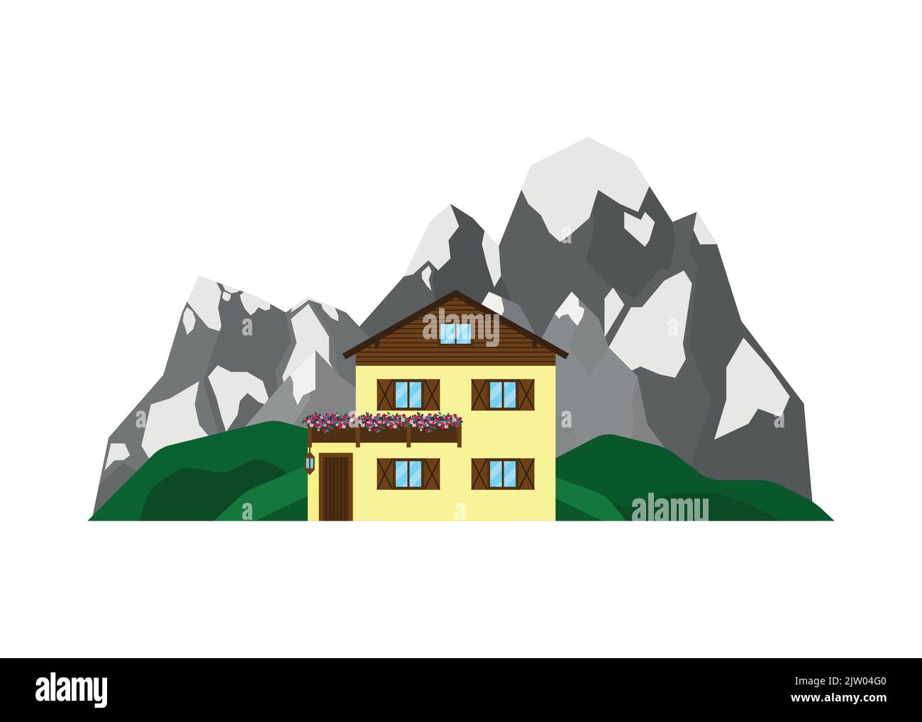 Maison ou chalet privé sur le paysage avec des montagnes alpines et des collines verdoyantes dans un style plat isolé sur fond blanc. Illustration de Vecteur