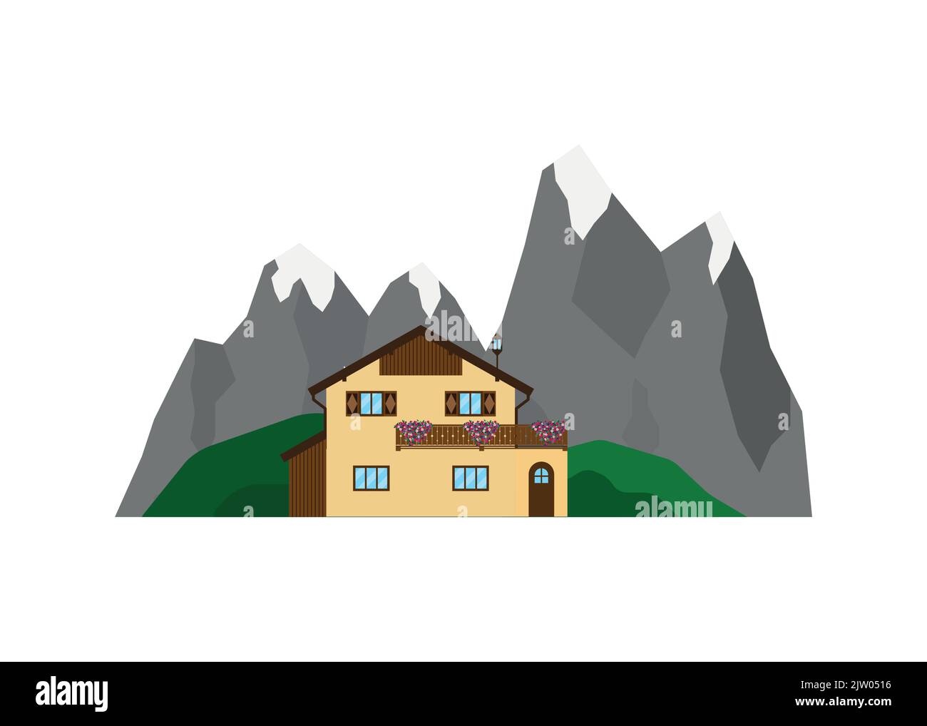 Maison ou chalet privé sur le paysage avec des montagnes alpines et des collines verdoyantes dans un style plat isolé sur fond blanc. Illustration de Vecteur